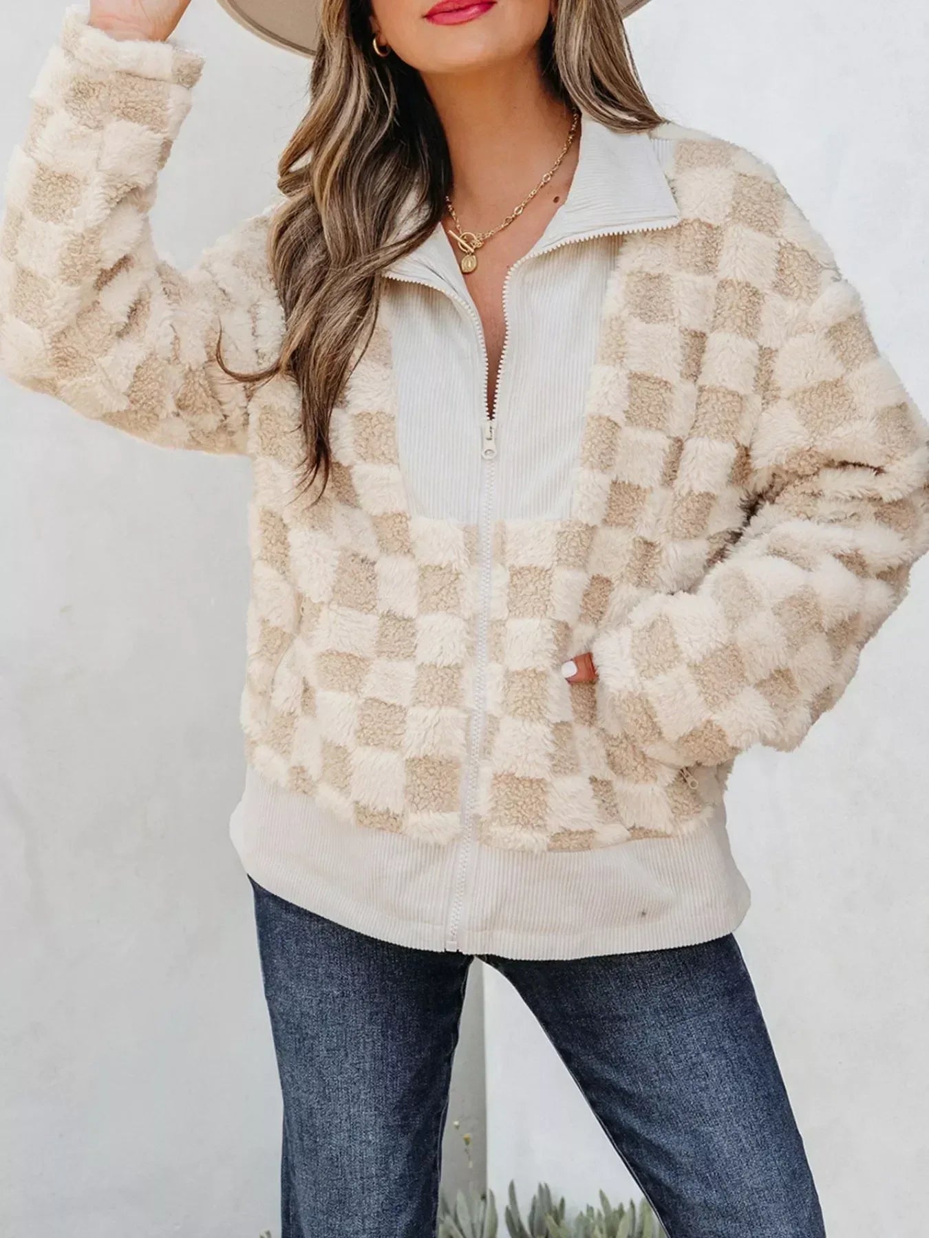 Checker Sherpa Corduroy Patchwork Zip Up Jacket - DAVERRI FASHIONS