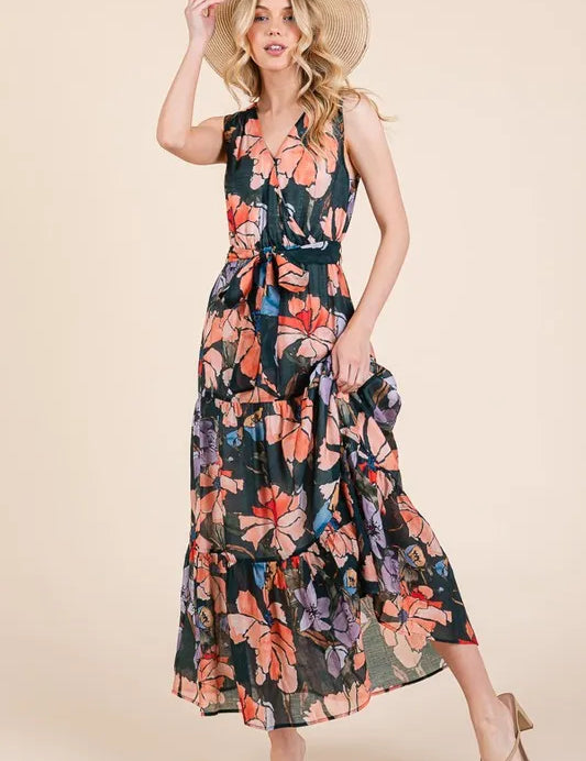 Lime 'N' Chili Floral Print Sleeveless Tie Waist Maxi Dress | Daverri Fashions