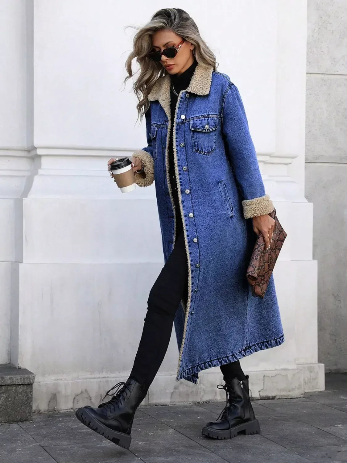 Daverri Fashions Sherpa Lined Longline Denim Jacket - DAVERRI FASHIONS