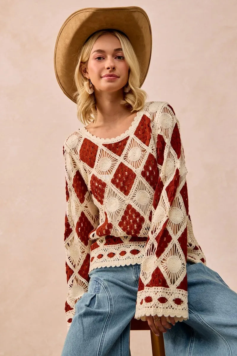 BiBi Diamond Crochet Knit Top BROWN Tops