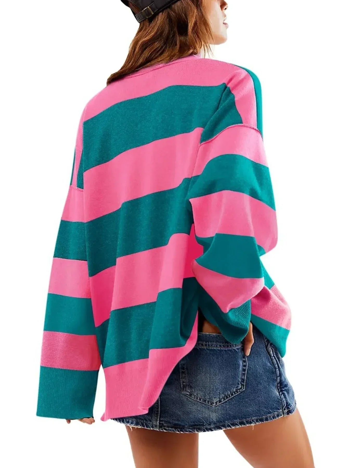 Striped Half-Zip Oversized Sweatshirt - DAVERRI FASHIONS