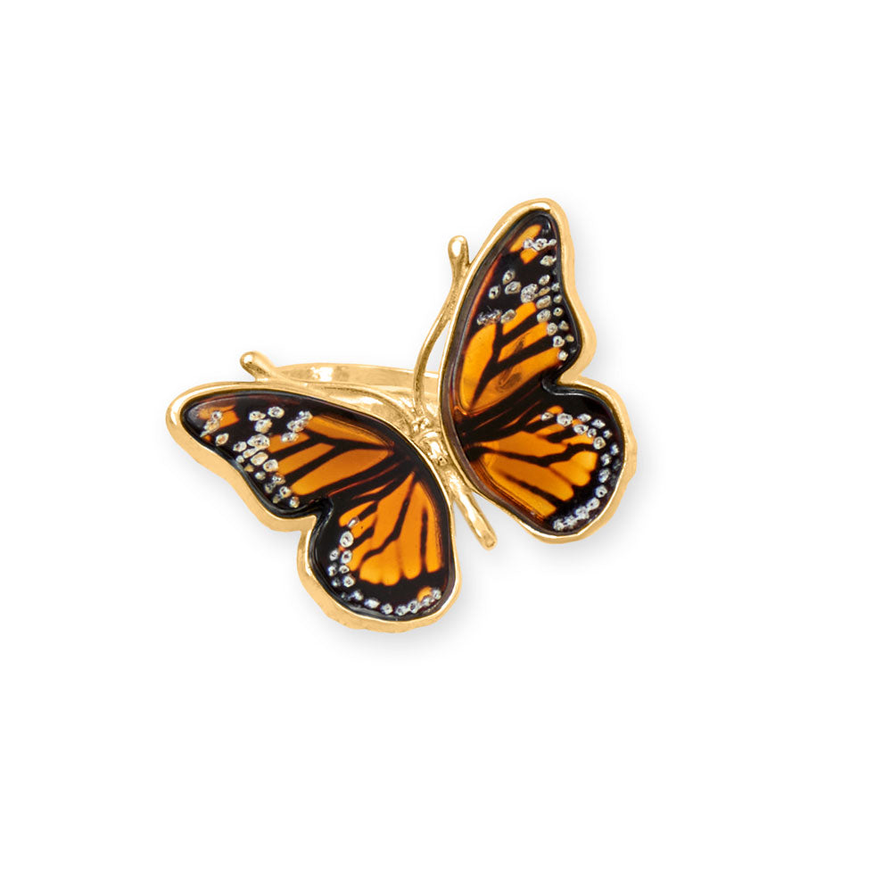 24 Karat Gold Plated Baltic Amber Monarch Butterfly Ring Rings