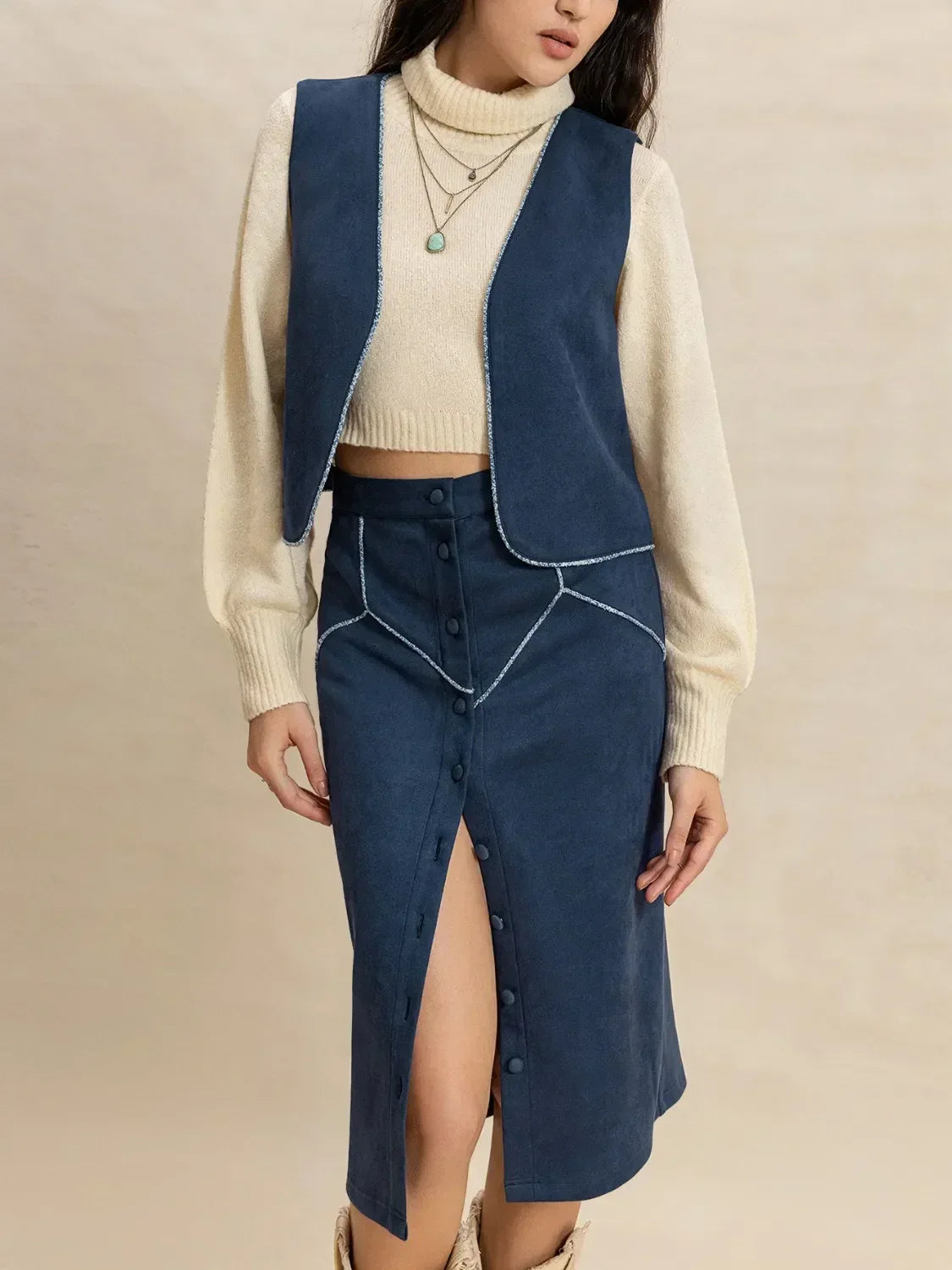 Open Front Vest and Buttoned Skirt Set - DAVERRI FASHIONS