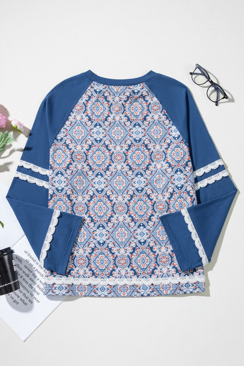Blue Geometric Printed Lace Patchwork Ric Rac Raglan Long Sleeve Top | Tops/Long Sleeve Tops Daverri Fashions
