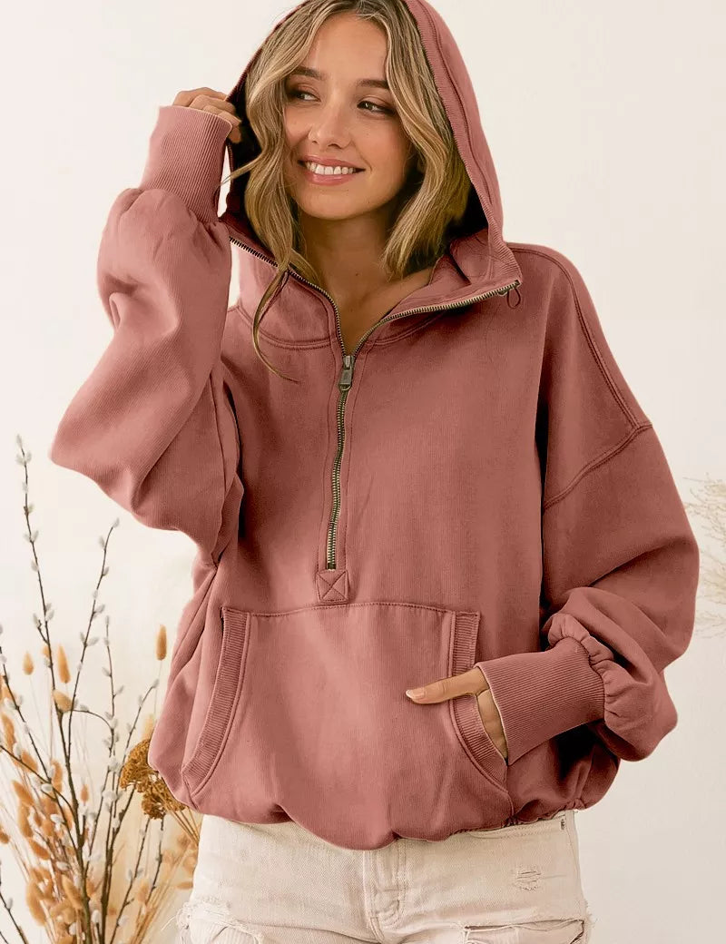 TERRACOTTA BiBi Stitch Detailed Elastic Hem Half Zip Fleece Hoodie Terracotta | Hoodies Daverri Fashions