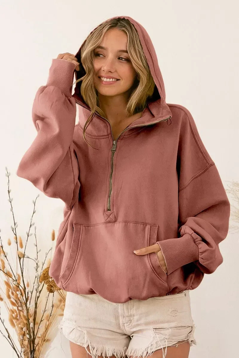 BiBi Stitch Detailed Elastic Hem Half Zip Fleece Hoodie Terracotta - DAVERRI FASHIONS