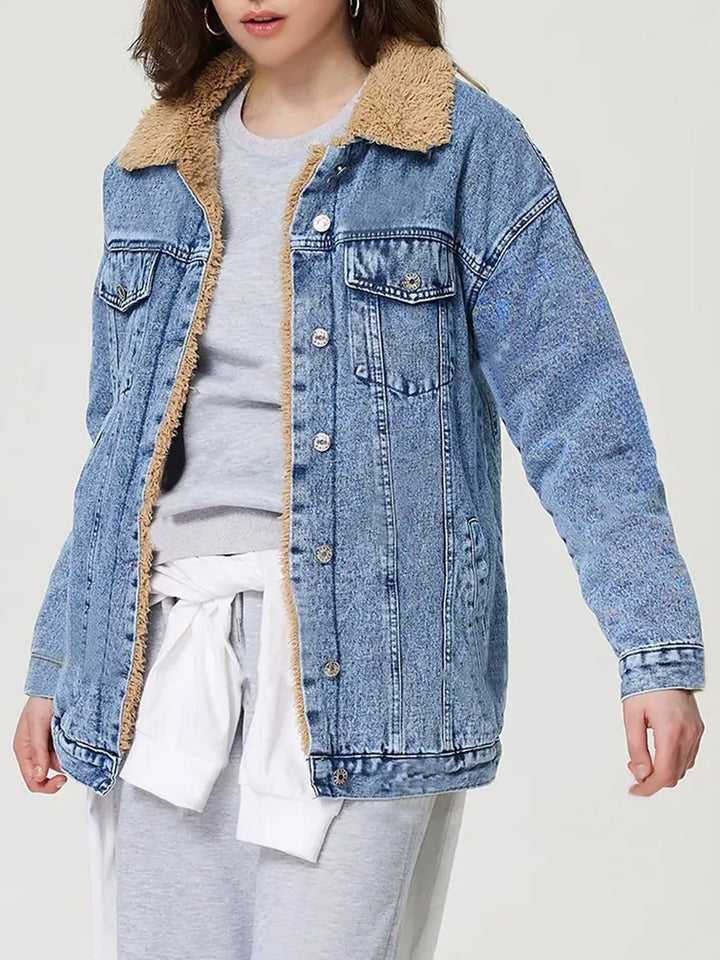 Button Up Collared Neck Plush Denim Jacket | Denim Jackets Daverri Fashions