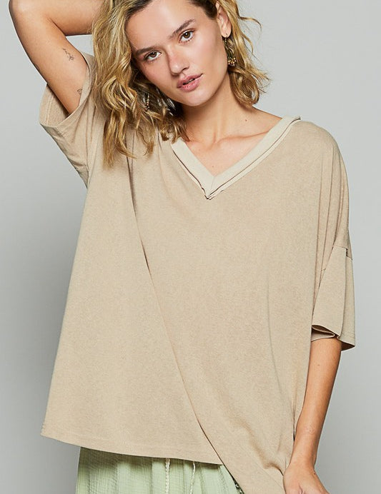 POL V-Neck Half Sleeve T-Shirt Latte S