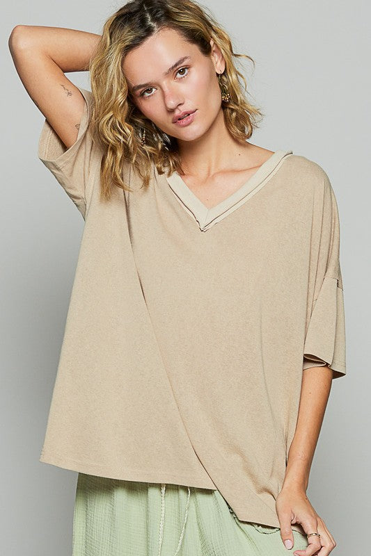 POL V-Neck Half Sleeve T-Shirt Latte S