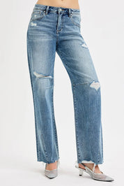RISEN Full Size Mid Rise Fit Wide Baggy Leg Tie Washed Jeans Plus Size | Jeans Daverri Fashions