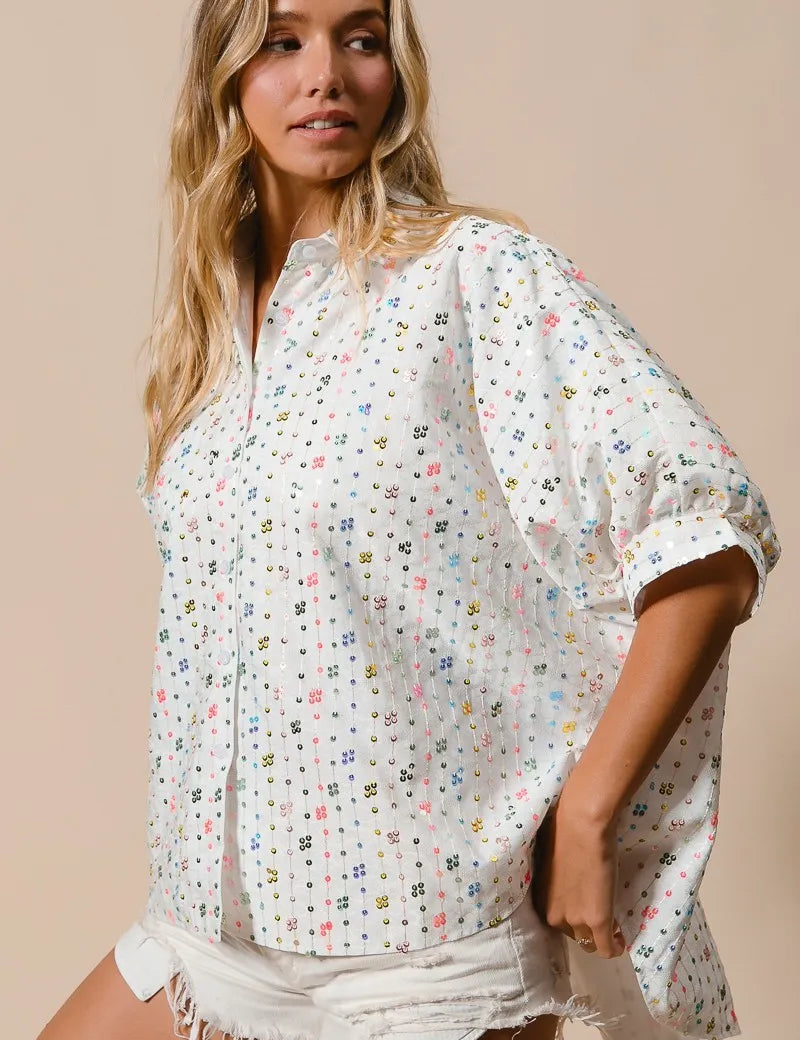 BiBi Sequin Striped Short Dolman Sleeve Blouse | Daverri Fashions