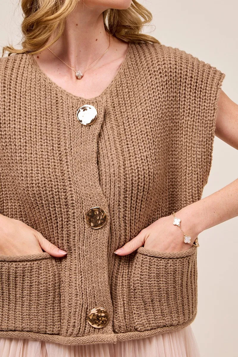 SO ME Big Metal Button Front Sweater Vest Sweater Vests
