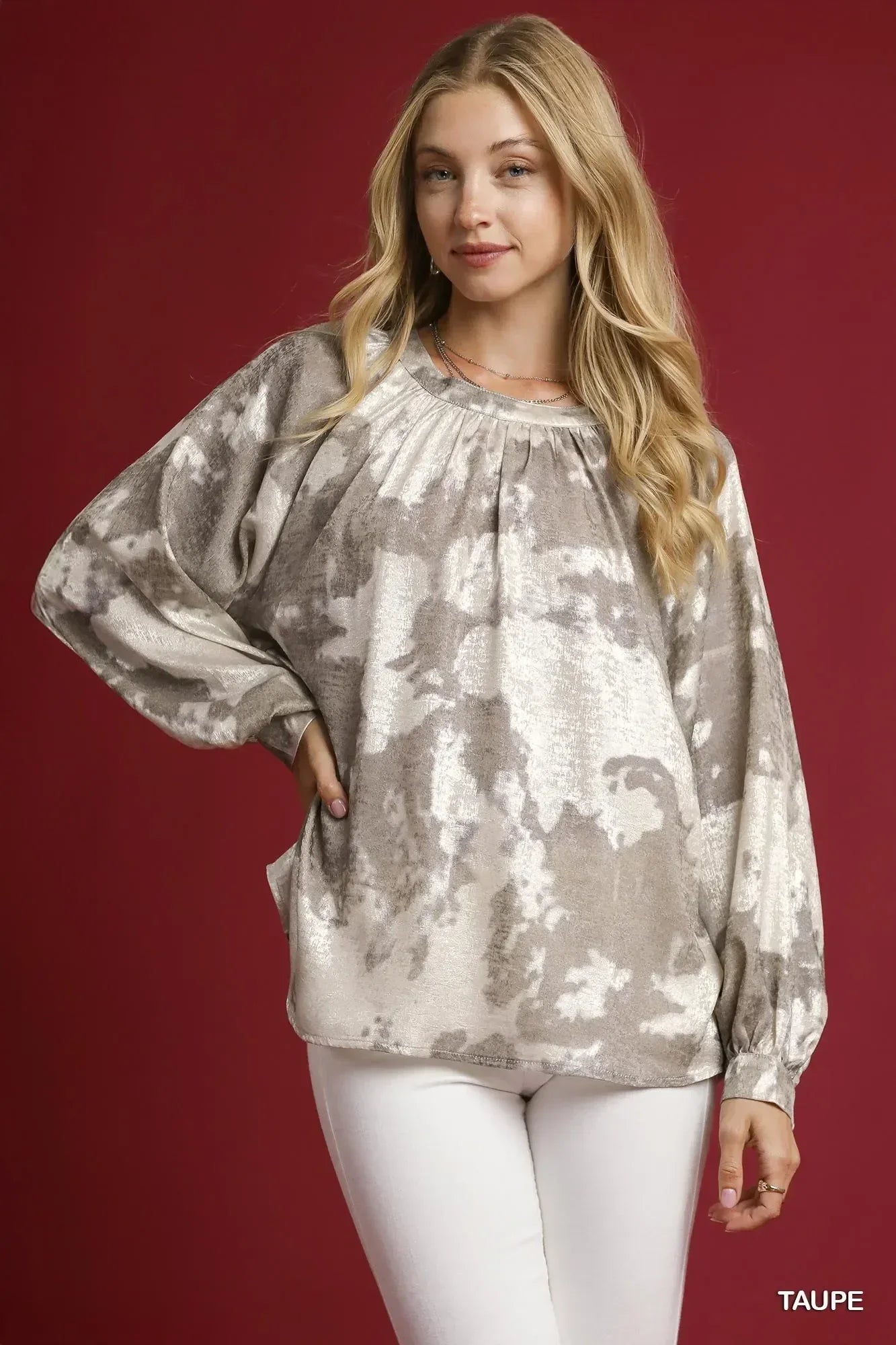 Umgee Full Size Metallic Fabric Blouse with Balloon Sleeves Plus Size - DAVERRI FASHIONS