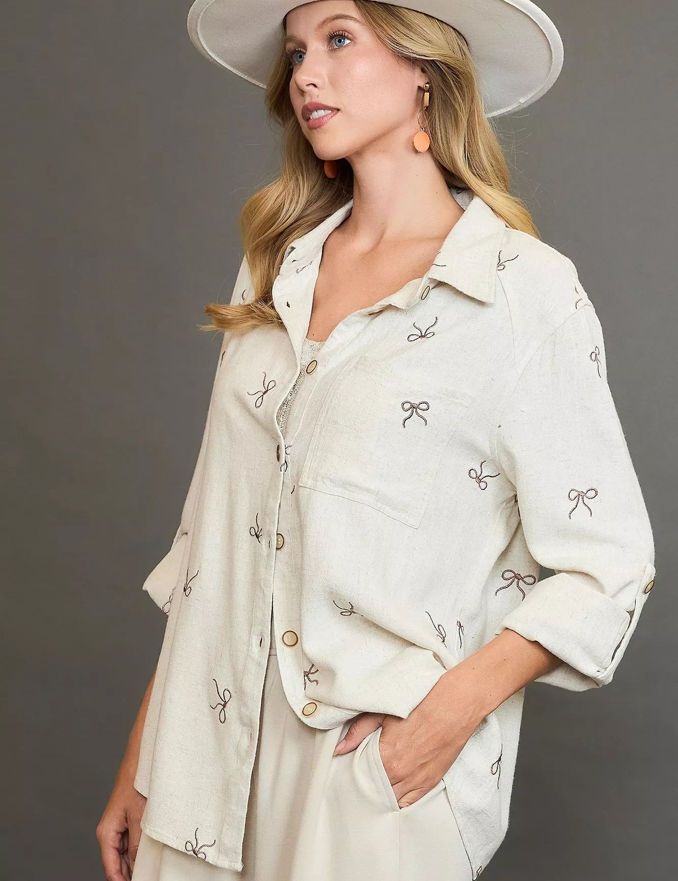 Umgee Linen Blend Fitted Shirt with Ribbon Embroidery Details | Shirts Daverri Fashions