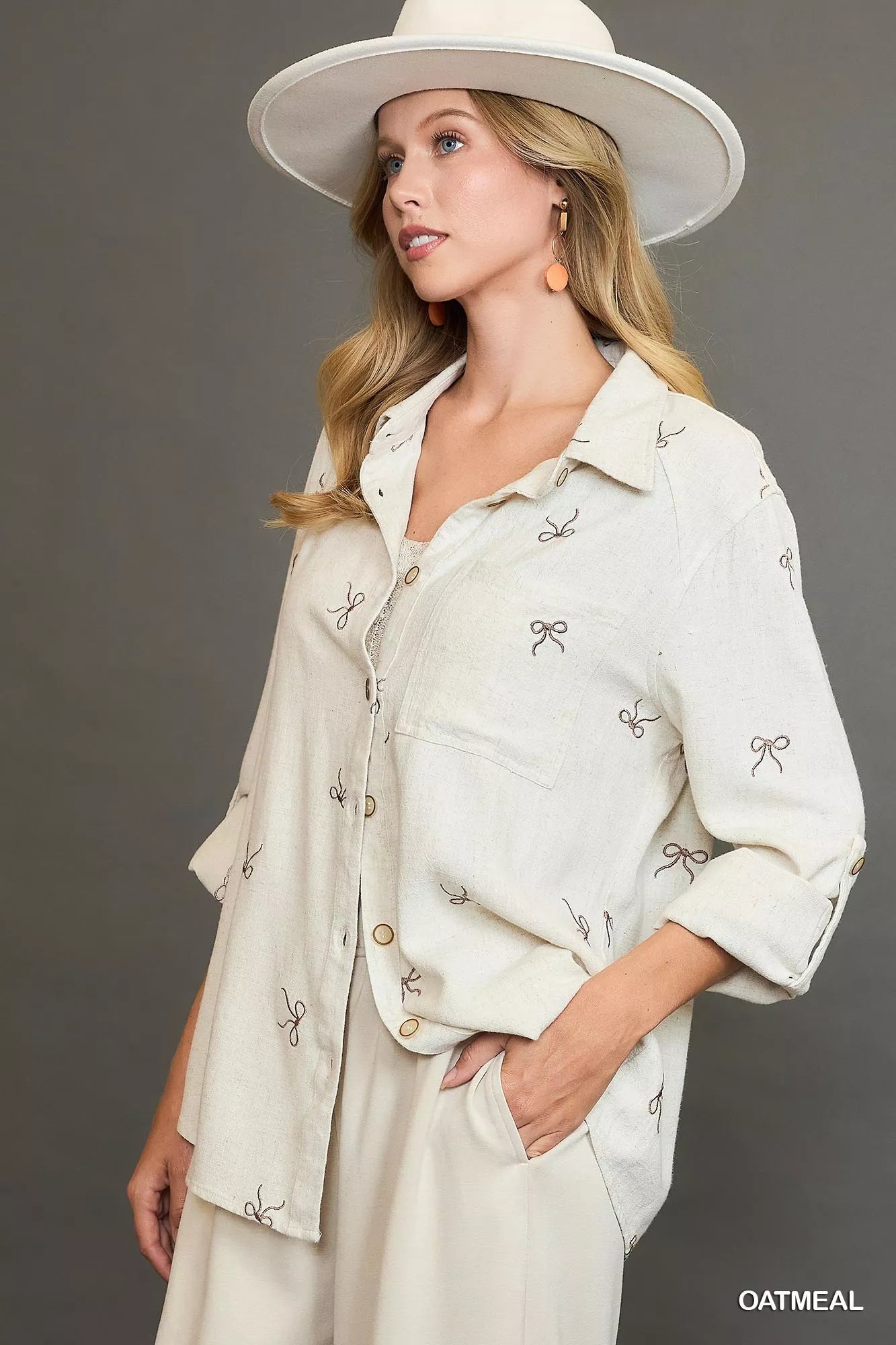 Umgee Linen Blend Fitted Shirt with Ribbon Embroidery Details | Shirts Daverri Fashions