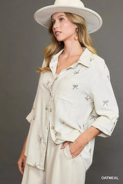Umgee Linen Blend Fitted Shirt with Ribbon Embroidery Details | Shirts Daverri Fashions