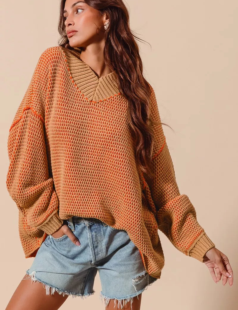 SO ME Oversized Two Tone Textured V Neck Sweater | Sweaters Daverri Fashions