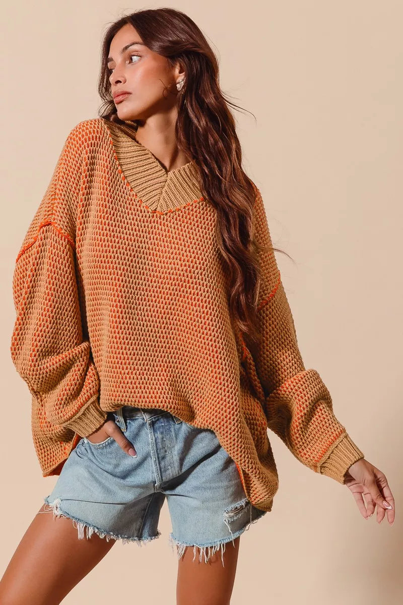 SO ME Oversized Two Tone Textured V Neck Sweater | Sweaters Daverri Fashions