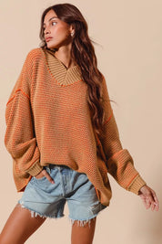 SO ME Oversized Two Tone Textured V Neck Sweater | Sweaters Daverri Fashions