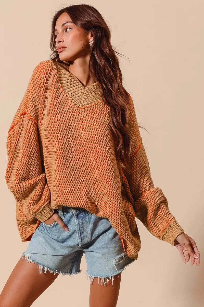 SO ME Oversized Two Tone Textured V Neck Sweater - DAVERRI FASHIONS
