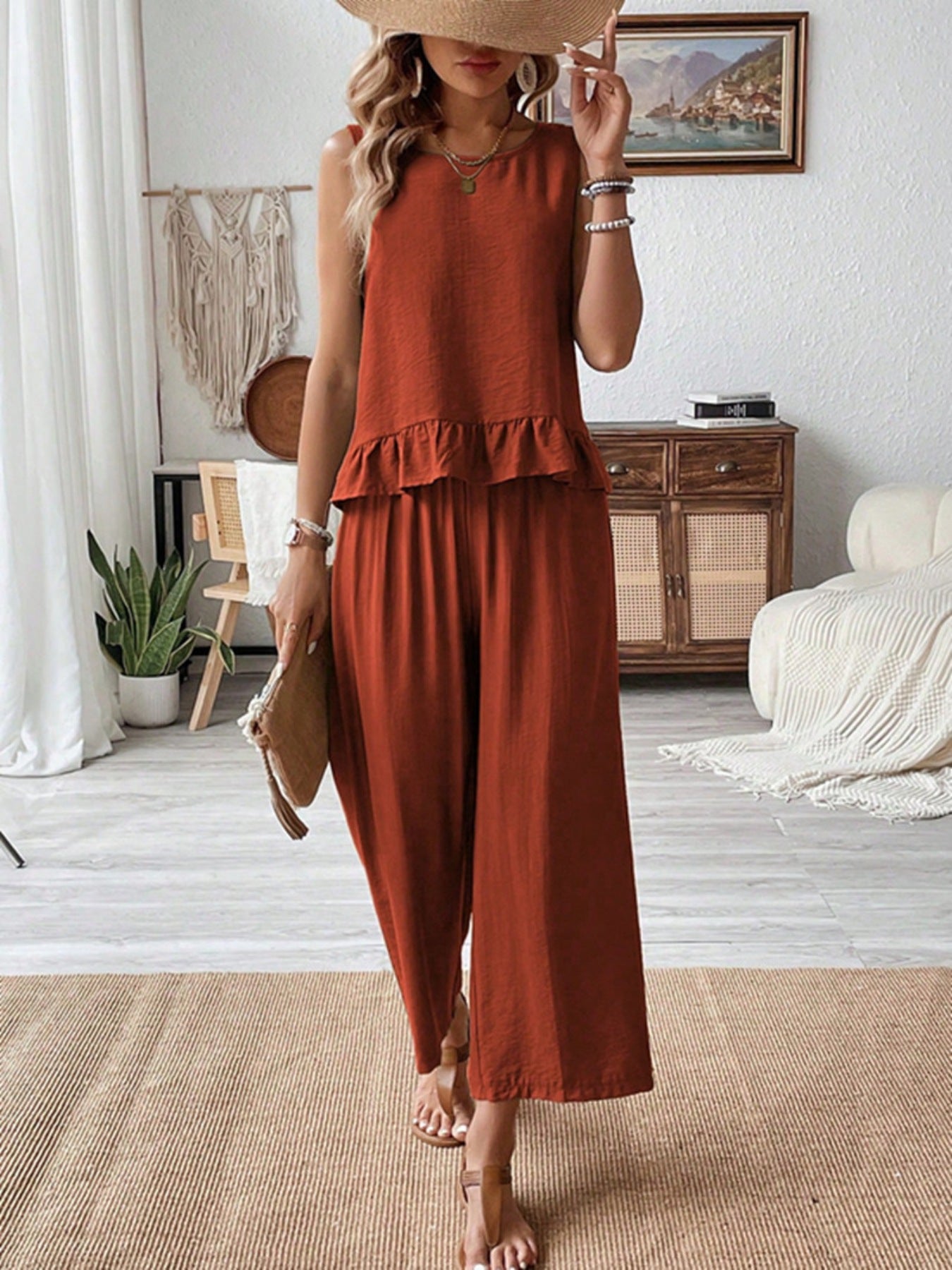 Daverri rust-colored sleeveless ruffle hem tank and wide-leg two-piece set