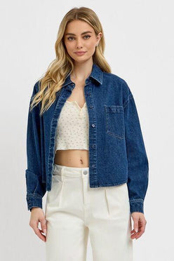 RISEN Button Up Long Sleeve Denim Shacket - DAVERRI FASHIONS