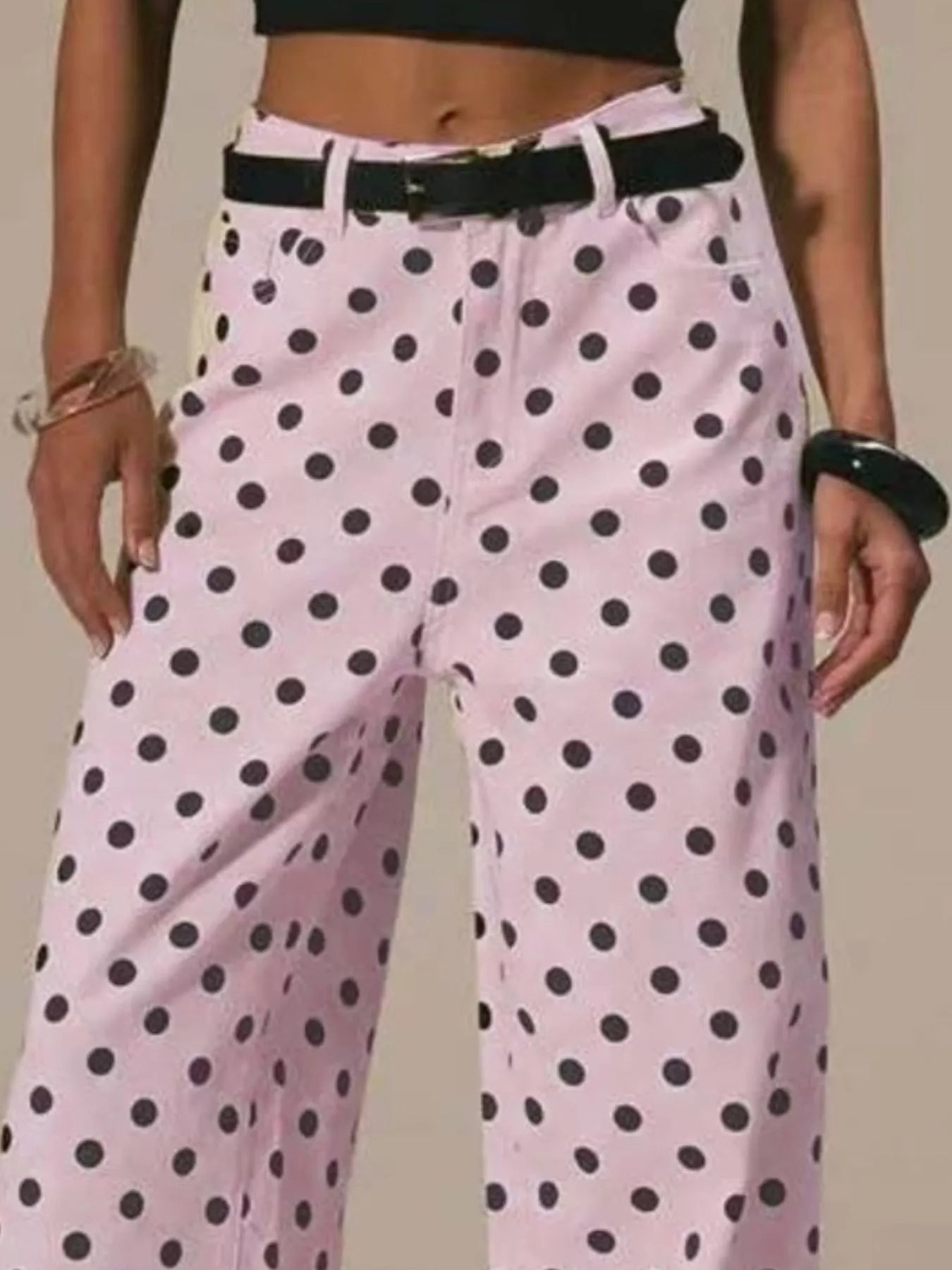 Daverri Polka Dot Wide Leg Jeans in pink polka-dot with black belt