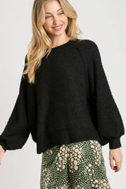 Black Umgee Full Size Round Neck Long Sleeve Sweater Plus Size | Sweaters Daverri Fashions