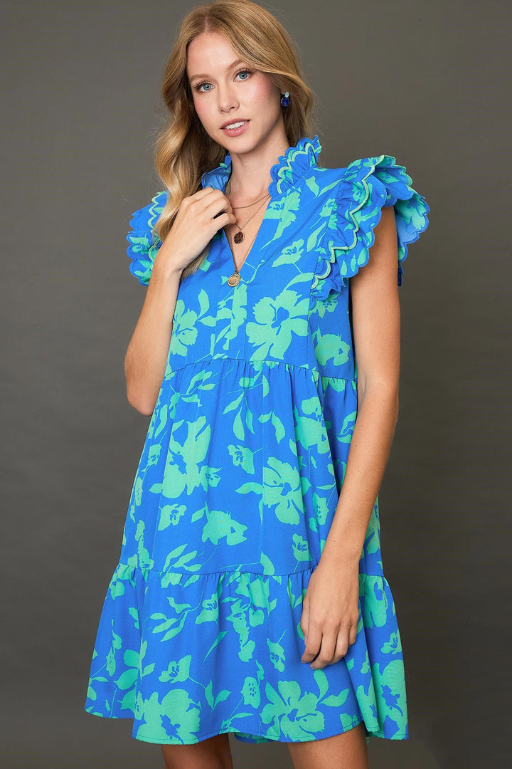 Umgee Full Size Two Tone Floral Print Ruffle Cap Sleeve Mini Dress Plus Size Blue