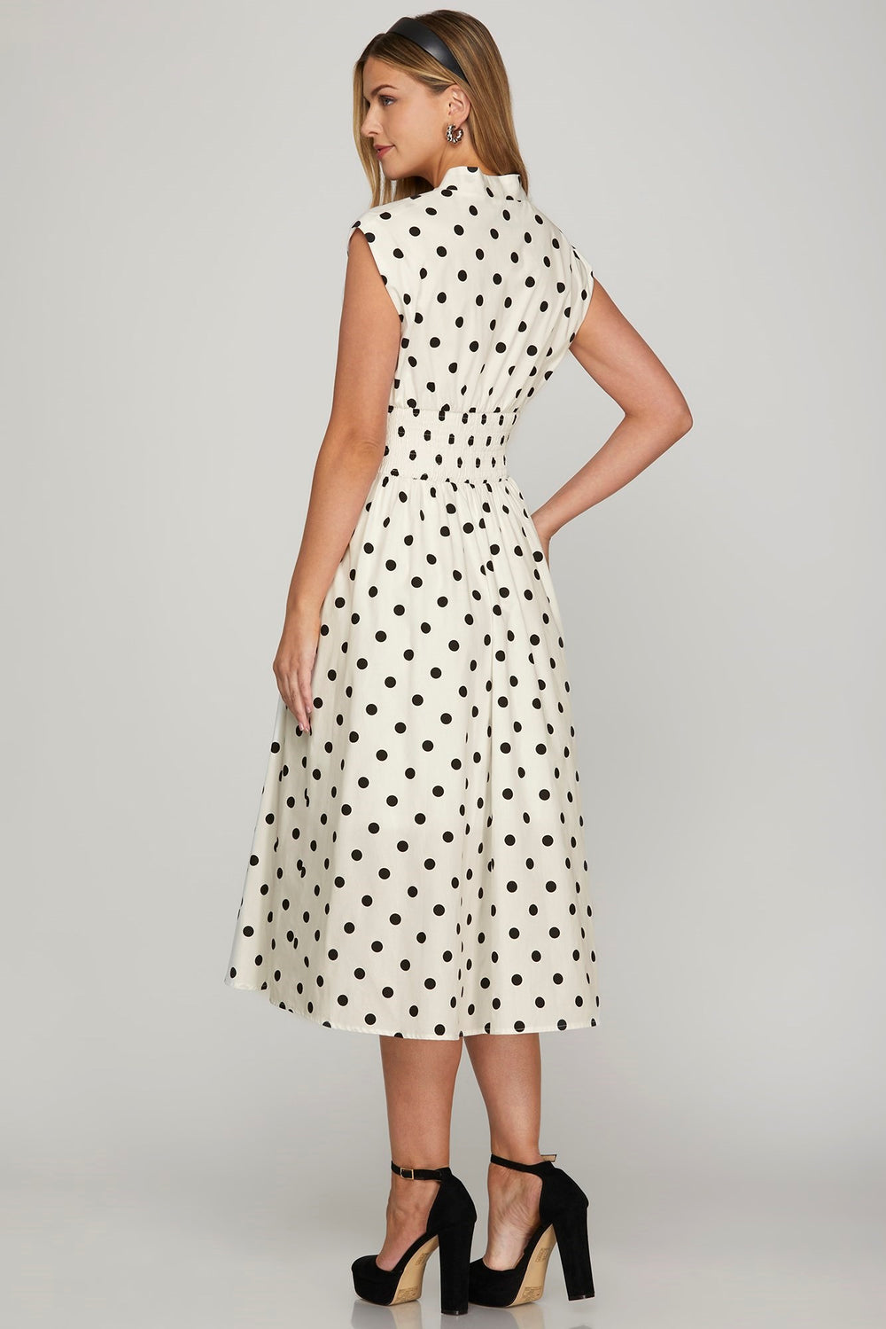 She + Sky Front Zip Polka Dots Cap Sleeve Midi Dress Midi Dresses