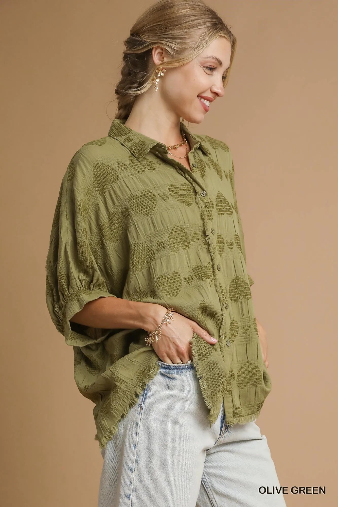 Umgee Jacquard Heart Collared Shirt Shirts