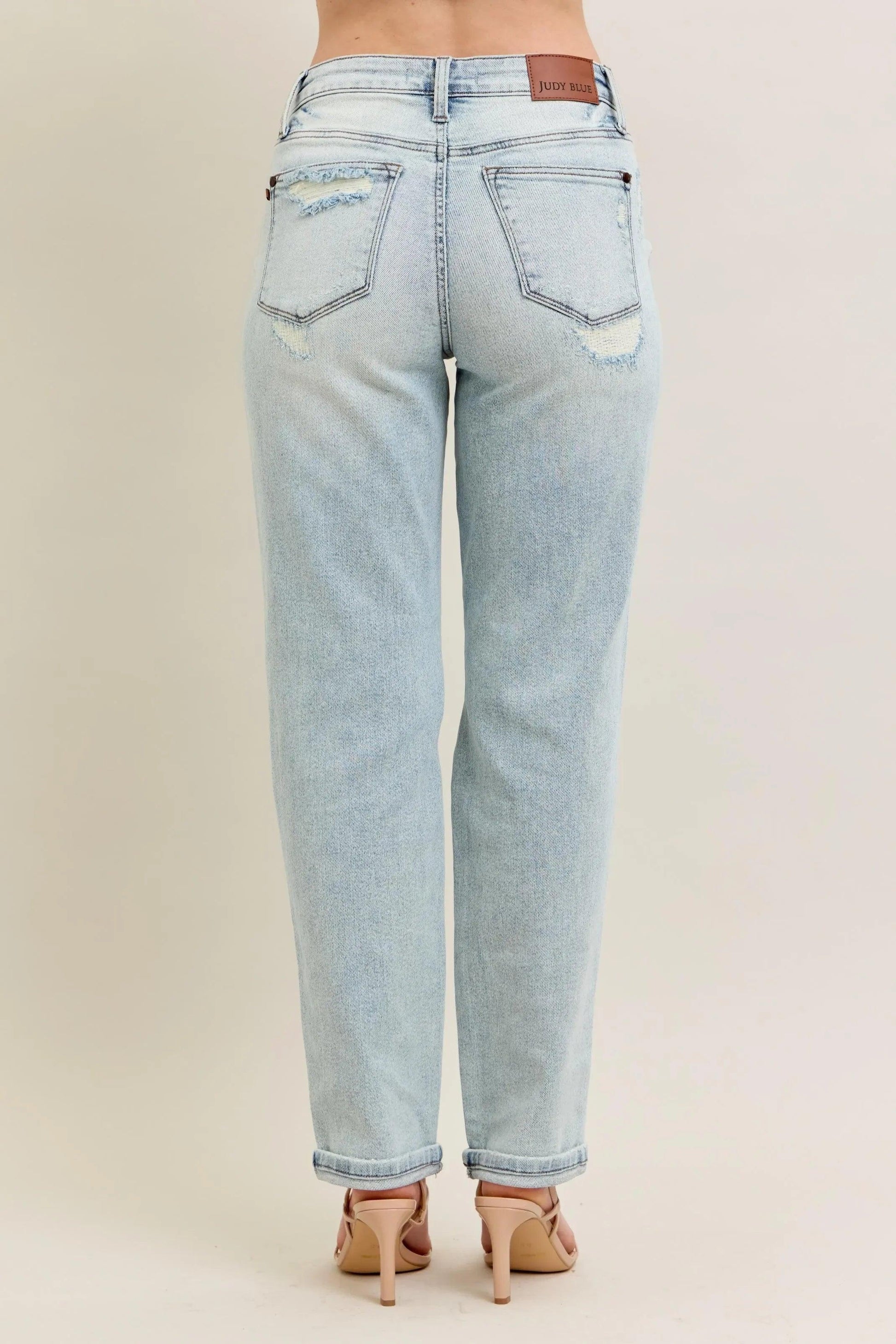 Judy Blue Full Size Mr Repair Stitch Detail Destroy Single Cuff Bf Jeans Plus Size - DAVERRI FASHIONS