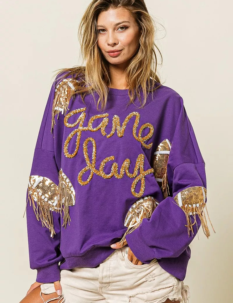 PURPLE GOLD BiBi Sequin Football Patches Game Day Sweatshirt | Sweatshirts Daverri Fashions