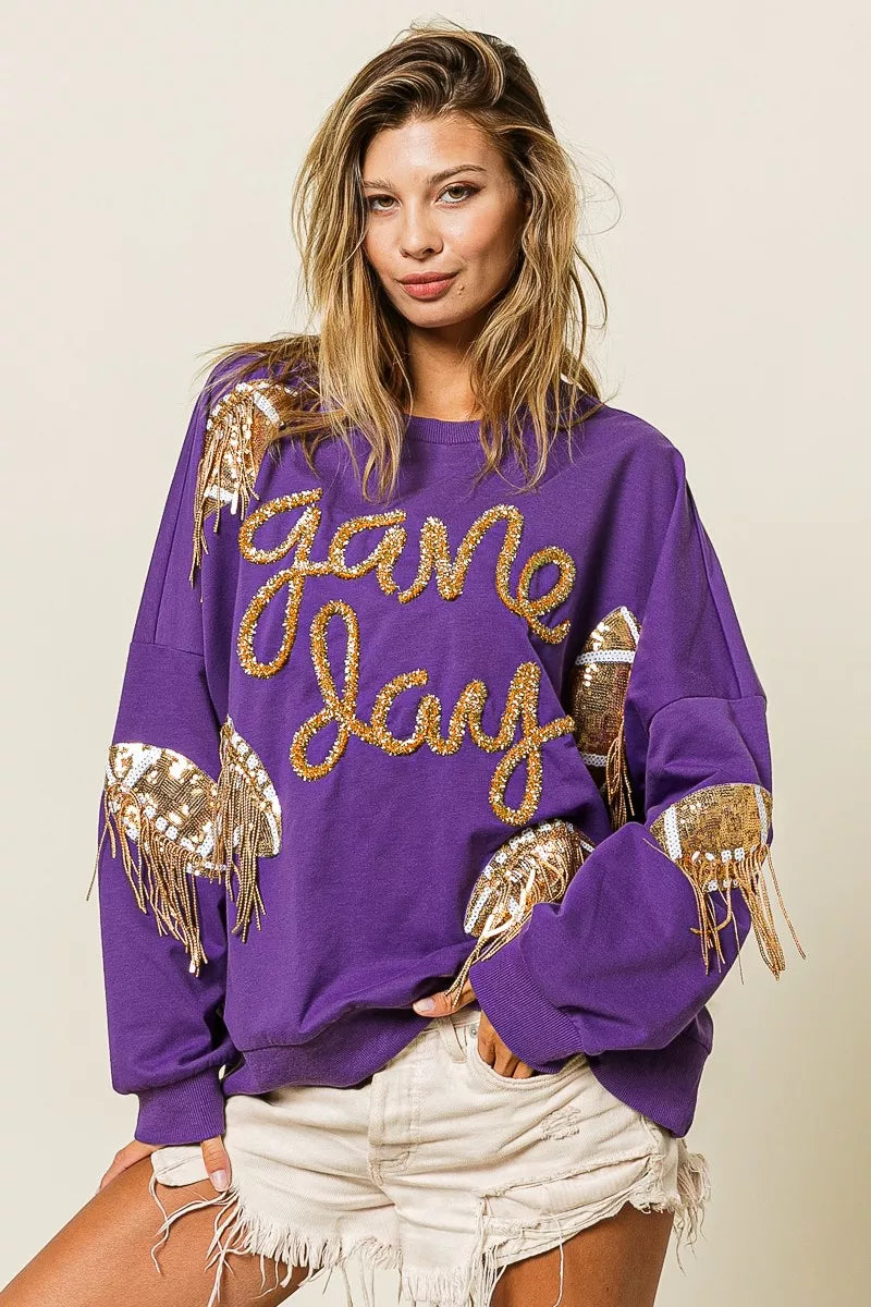 PURPLE GOLD BiBi Sequin Football Patches Game Day Sweatshirt | Sweatshirts Daverri Fashions