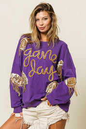 PURPLE GOLD BiBi Sequin Football Patches Game Day Sweatshirt | Sweatshirts Daverri Fashions