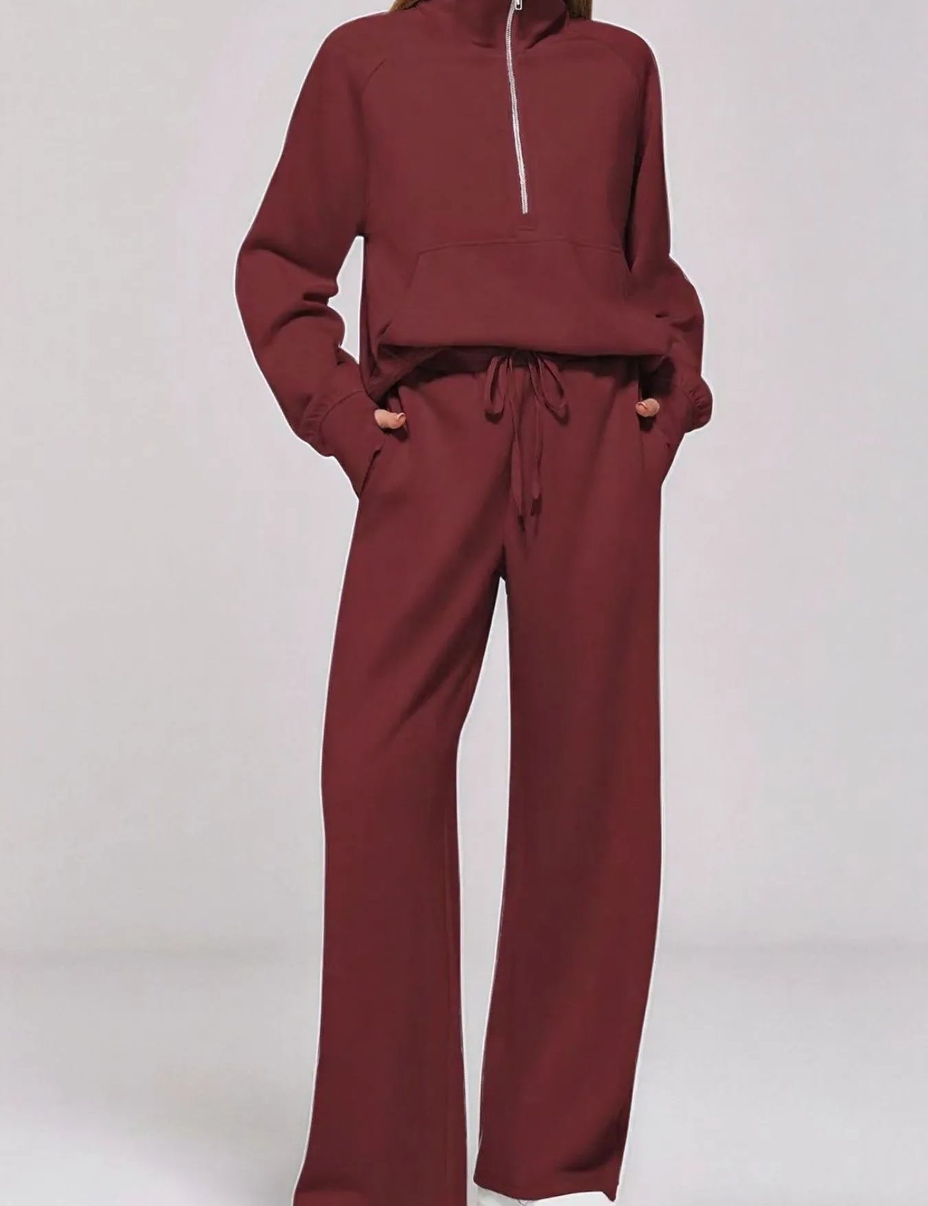 Wine Red Half Zip Long Sleeve Top and Pants Set | Loungewear Sets Daverri Fashions