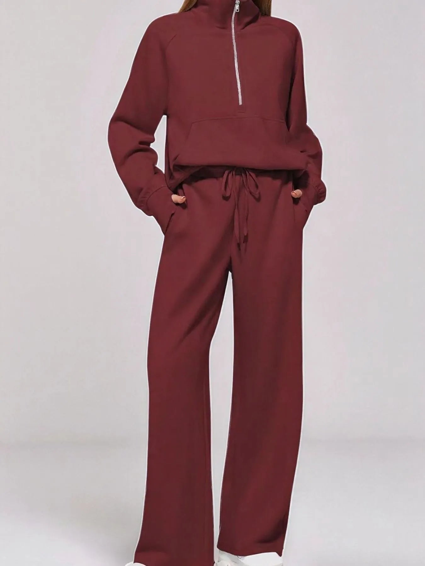 Wine Red Half Zip Long Sleeve Top and Pants Set | Loungewear Sets Daverri Fashions