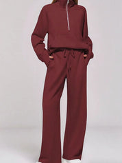 Wine Red Half Zip Long Sleeve Top and Pants Set | Loungewear Sets Daverri Fashions