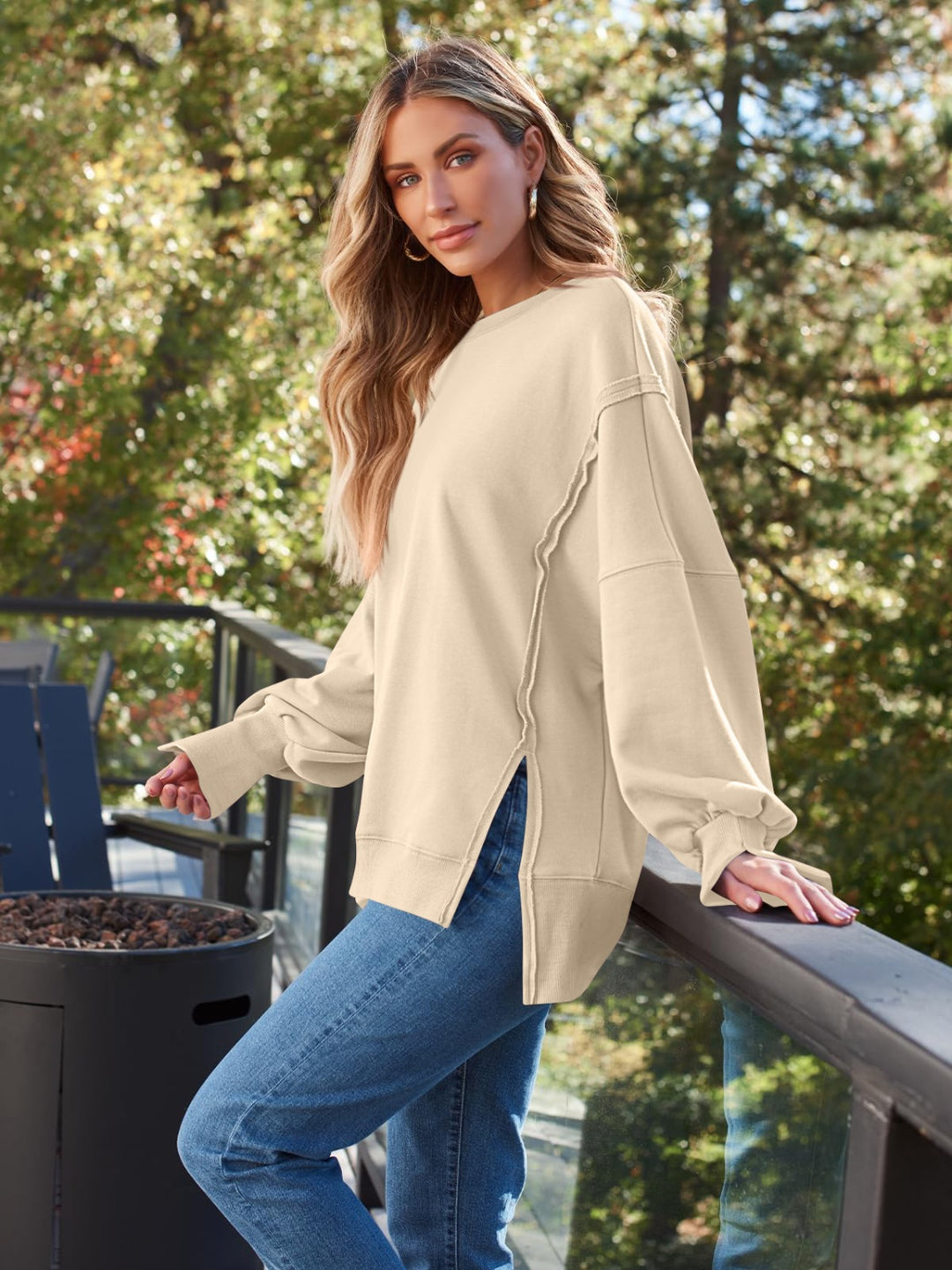 Slit Round Neck Long Sleeve Sweatshirt Tops