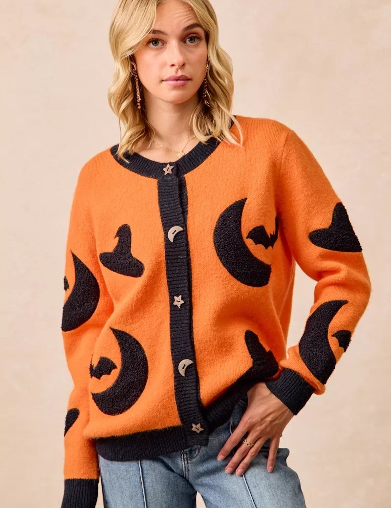 ORANGE BLACK BiBi Halloween Witch Hat Moon Bat Artwork Cardigan | Cardigans Daverri Fashions