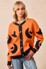 ORANGE BLACK BiBi Halloween Witch Hat Moon Bat Artwork Cardigan | Cardigans Daverri Fashions