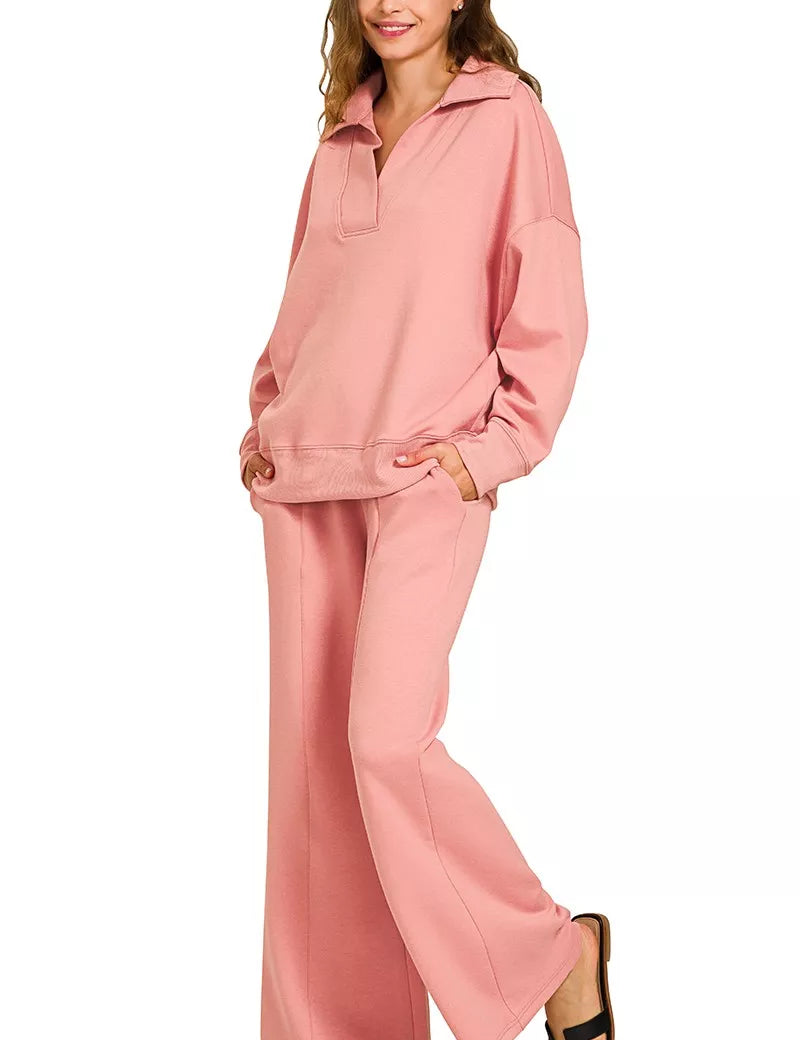Zenana Scuba Collared Pullover and Pants Set | Loungewear Sets Daverri Fashions