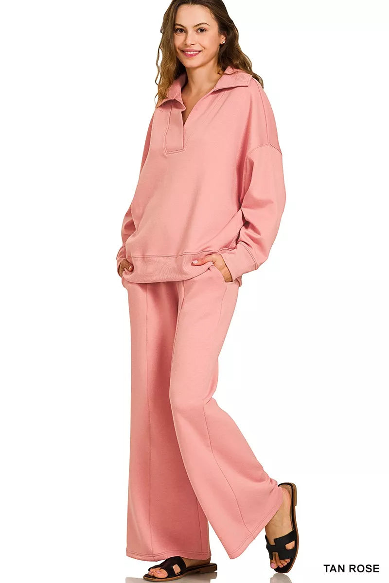 Zenana Scuba Collared Pullover and Pants Set | Loungewear Sets Daverri Fashions