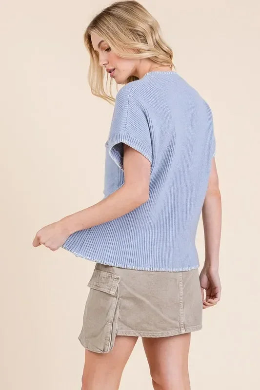 Lime 'N' Chili Solid Cap Sleeve Stitch Edge Knit Sweater - DAVERRI FASHIONS