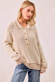 BiBi Half Button Ribbed Two Tone Sweater | Sweaters Daverri Fashions