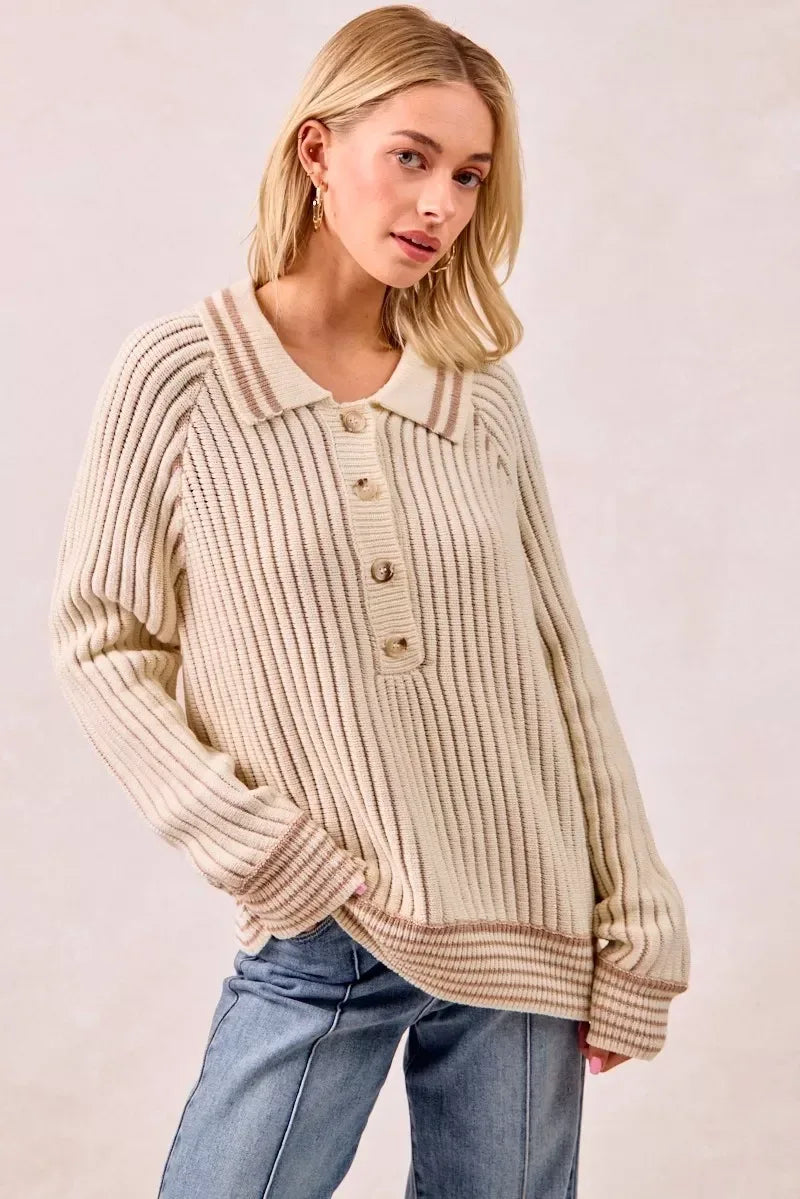BiBi Half Button Ribbed Two Tone Sweater - DAVERRI FASHIONS