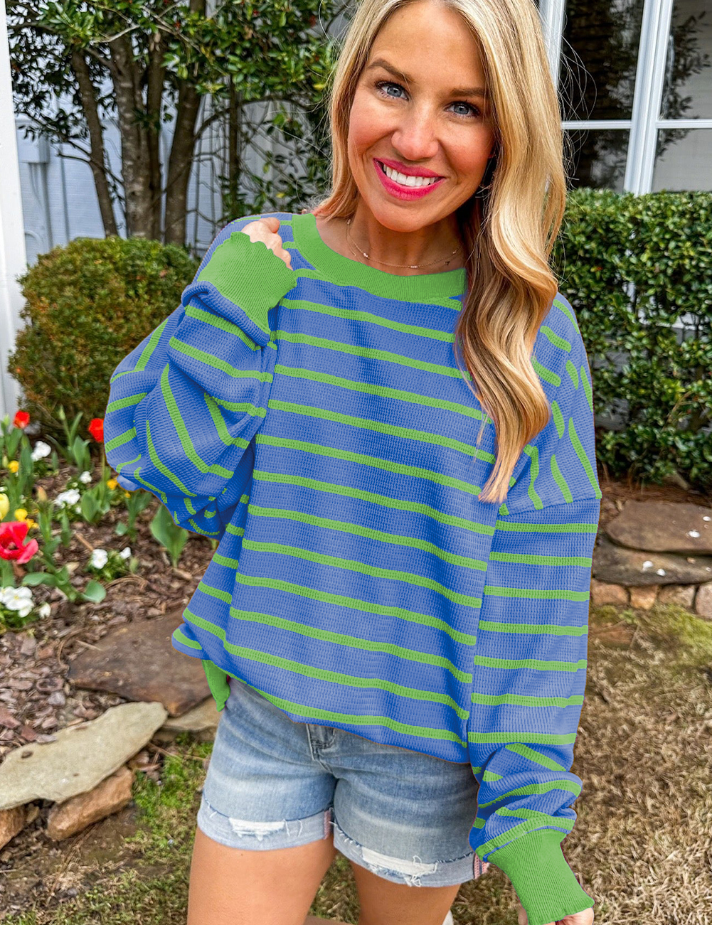 Orange Stripe Trimmed Round Neck Drop Shoulder Loose Sweater | Sweaters Daverri Fashions