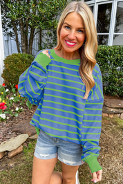 Orange Stripe Trimmed Round Neck Drop Shoulder Loose Sweater | Sweaters Daverri Fashions