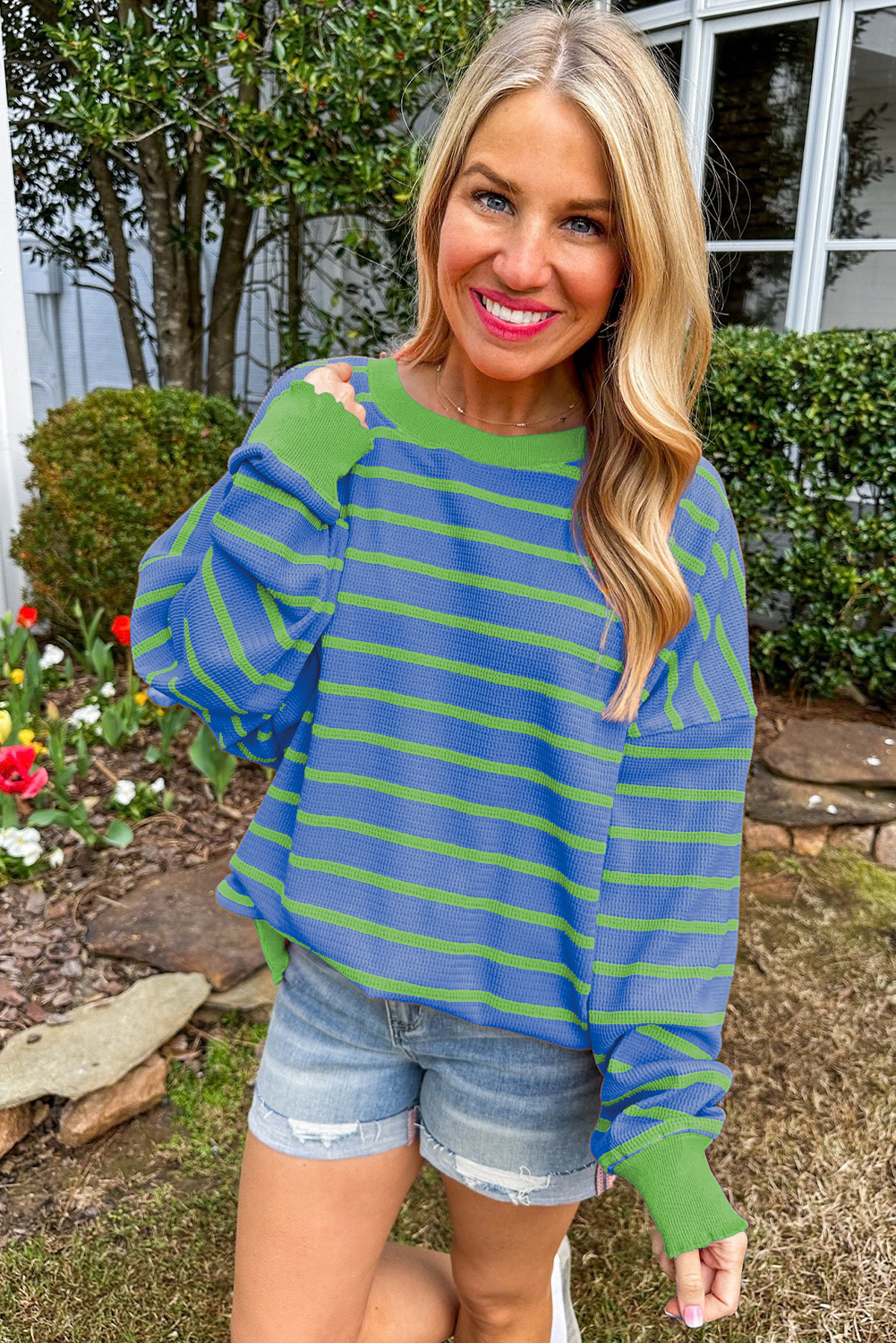 Orange Stripe Trimmed Round Neck Drop Shoulder Loose Sweater | Sweaters Daverri Fashions
