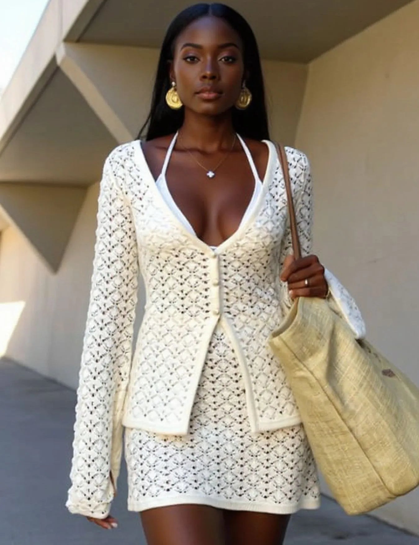 Cream Button Up Crochet Cardigan and Skirt Sweater Set | Outfit Sets Daverri Fashions